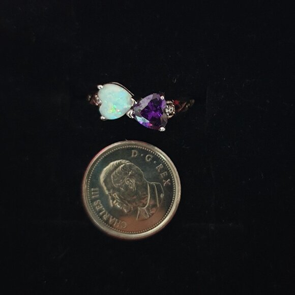 Lovely 925 Sterling Silver Heart-Shaped Lab-Created Opal & Amethyst Ring - Picture 7 of 11